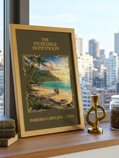 The Incredible Honeymoon Classic Book Art Print by Barbara Cartland – framed print on a city-view windowsill