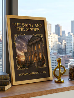 The Saint And The Sinner Classic Book Art Print by Barbara Cartland – framed print on a city-view windowsill
