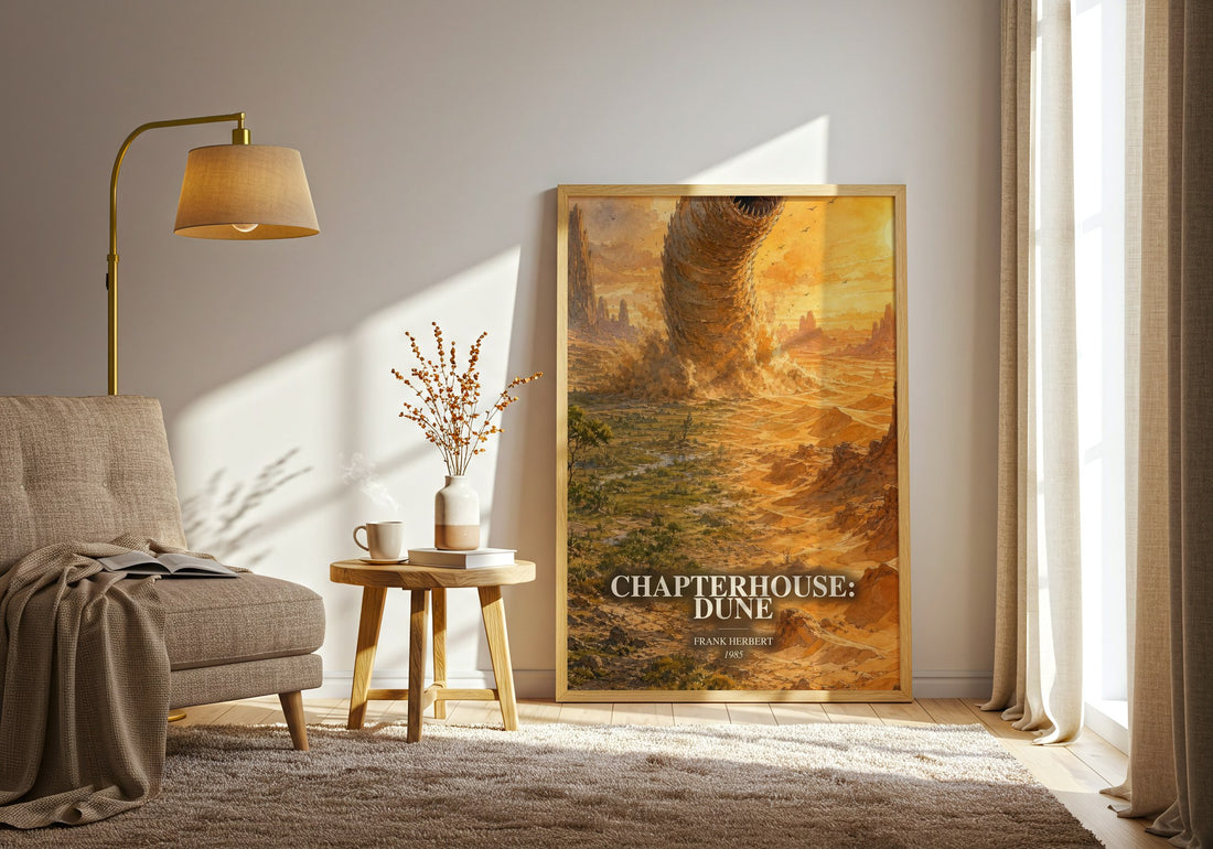 Chapterhouse: Dune watercolour print in frame leaning in hallway – sci fi wall art (mockup)