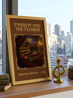 Passion And The Flower Classic Book Art Print by Barbara Cartland – framed print on a city-view windowsill