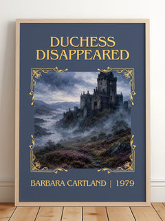 Duchess Disappeared Classic Book Art Print by Barbara Cartland – framed print leaning on a wooden floor