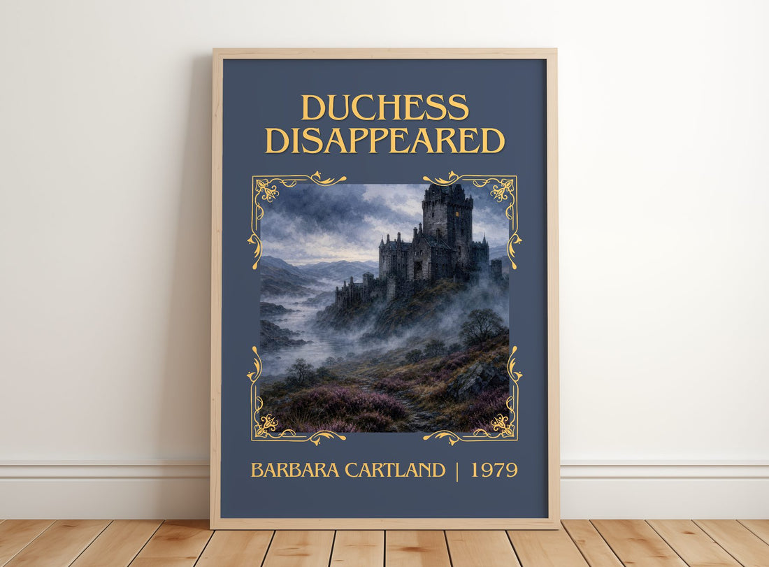 Duchess Disappeared Classic Book Art Print by Barbara Cartland – framed print leaning on a wooden floor