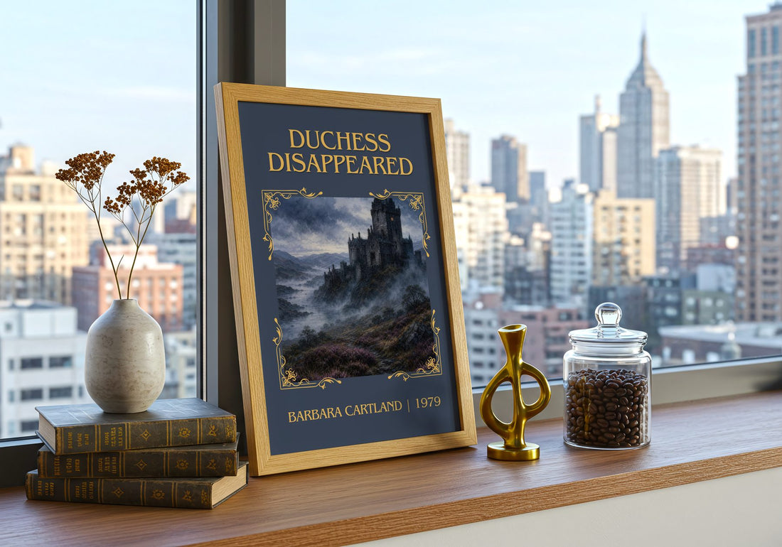Duchess Disappeared Classic Book Art Print by Barbara Cartland – framed print on a city-view windowsill