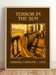 Terror In The Sun Classic Book Art Print by Barbara Cartland – framed print leaning on a wooden floor