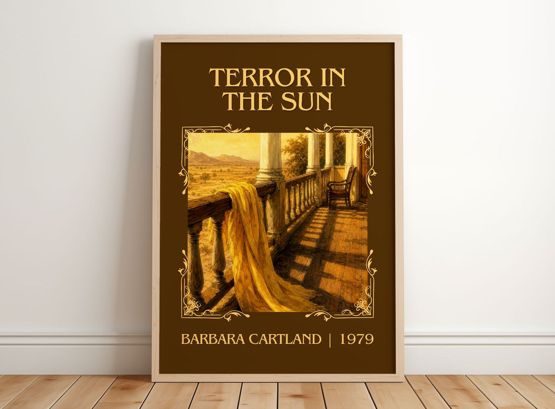 Terror In The Sun Classic Book Art Print by Barbara Cartland – framed print leaning on a wooden floor
