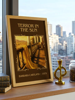 Terror In The Sun Classic Book Art Print by Barbara Cartland – framed print on a city-view windowsill