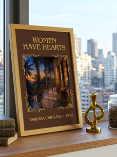 Women Have Hearts Classic Book Art Print by Barbara Cartland – framed print on a city-view windowsill