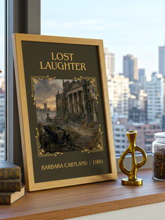 Lost Laughter Classic Book Art Print by Barbara Cartland – framed print on a city-view windowsill