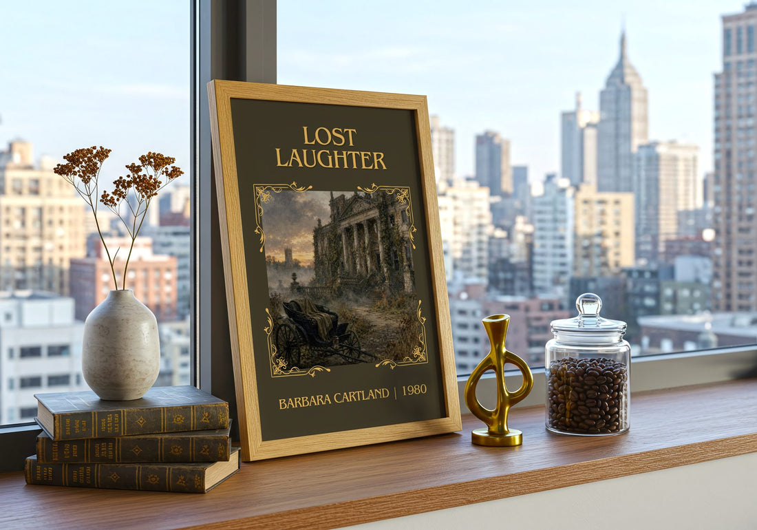 Lost Laughter Classic Book Art Print by Barbara Cartland – framed print on a city-view windowsill