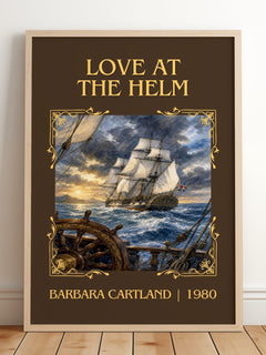 Love At The Helm Classic Book Art Print by Barbara Cartland – framed print leaning on a wooden floor