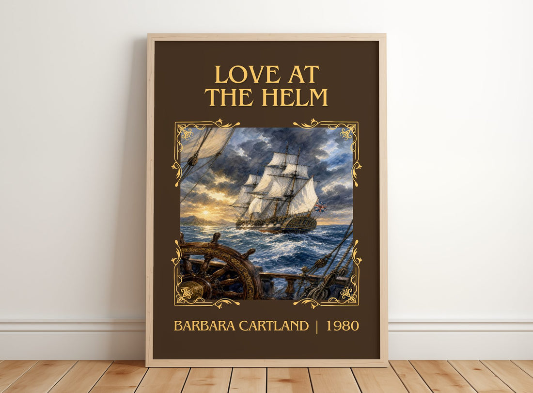 Love At The Helm Classic Book Art Print by Barbara Cartland – framed print leaning on a wooden floor