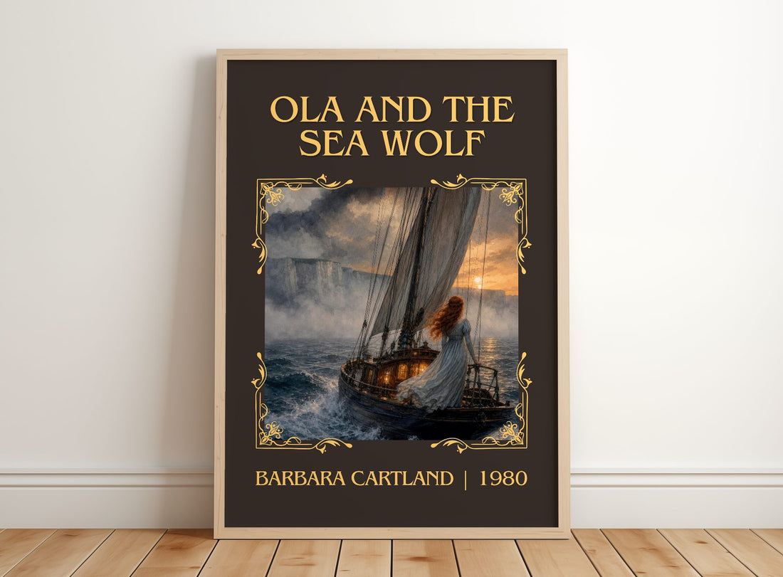 Ola And The Sea Wolf Classic Book Art Print by Barbara Cartland – framed print leaning on a wooden floor