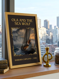 Ola And The Sea Wolf Classic Book Art Print by Barbara Cartland – framed print on a city-view windowsill