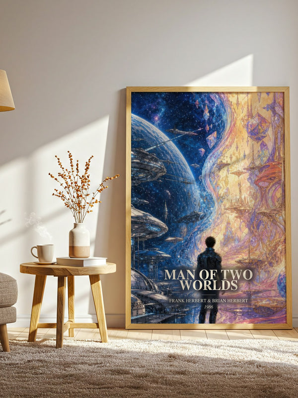 Man Of Two Worlds watercolour print in frame leaning in hallway – sci fi wall art