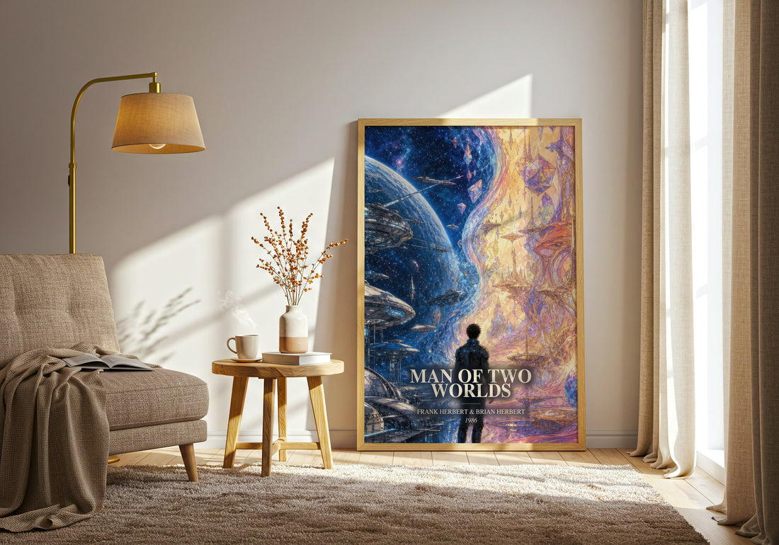 Man Of Two Worlds watercolour print in frame leaning in hallway – sci fi wall art (mockup)