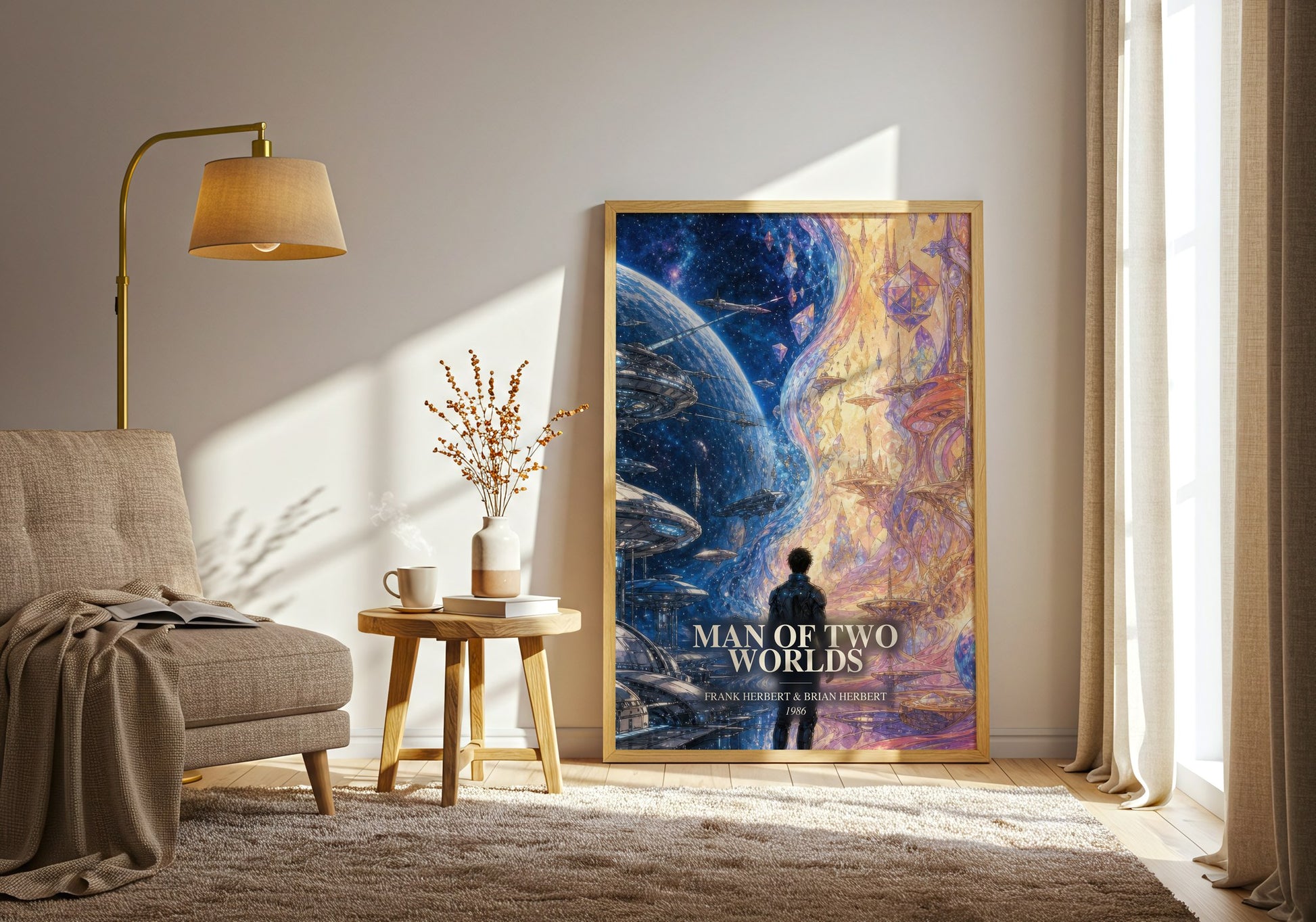 Man Of Two Worlds watercolour print in frame leaning in hallway – sci fi wall art