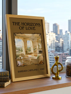 The Horizons Of Love Classic Book Art Print by Barbara Cartland – framed print on a city-view windowsill