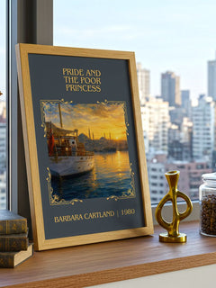 Pride And The Poor Princess Classic Book Art Print by Barbara Cartland – framed print on a city-view windowsill