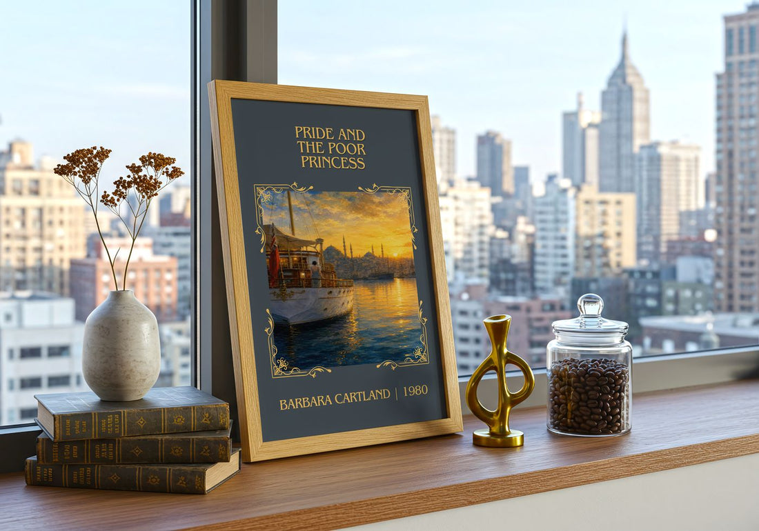 Pride And The Poor Princess Classic Book Art Print by Barbara Cartland – framed print on a city-view windowsill