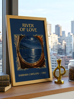River Of Love Classic Book Art Print by Barbara Cartland – framed print on a city-view windowsill