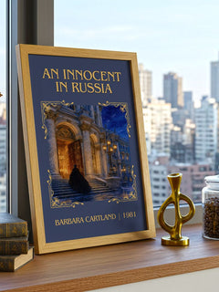 An Innocent In Russia Classic Book Art Print by Barbara Cartland – framed print on a city-view windowsill