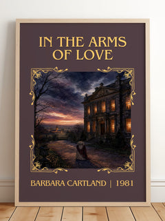 In The Arms Of Love Classic Book Art Print by Barbara Cartland – framed print leaning on a wooden floor