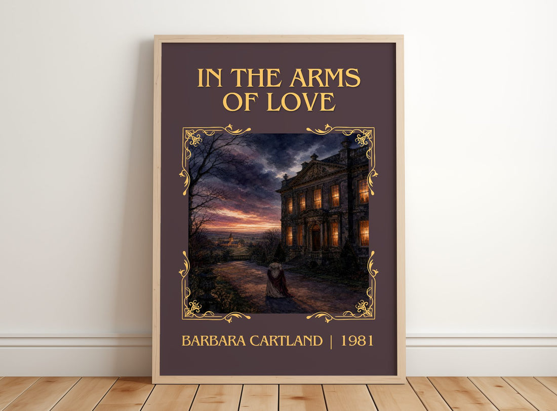 In The Arms Of Love Classic Book Art Print by Barbara Cartland – framed print leaning on a wooden floor