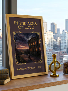 In The Arms Of Love Classic Book Art Print by Barbara Cartland – framed print on a city-view windowsill