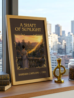 A Shaft Of Sunlight Classic Book Art Print by Barbara Cartland – framed print on a city-view windowsill