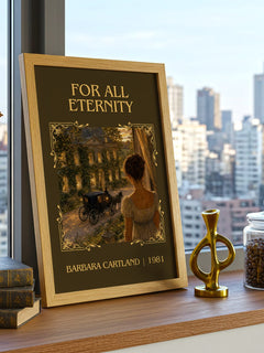 For All Eternity Classic Book Art Print by Barbara Cartland – framed print on a city-view windowsill