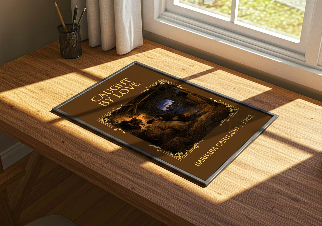 Caught By Love Classic Book Art Print by Barbara Cartland – print on a sunlit desk