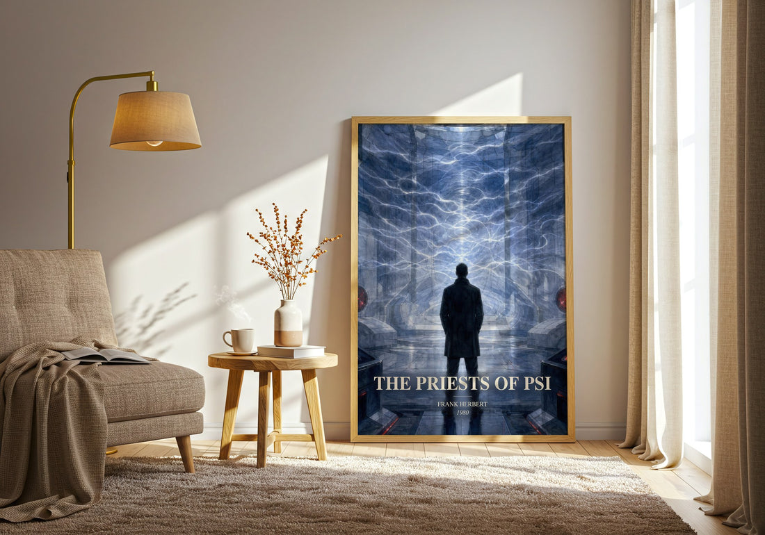 The Priests Of Psi watercolour print in frame leaning in hallway – sci fi wall art (mockup)
