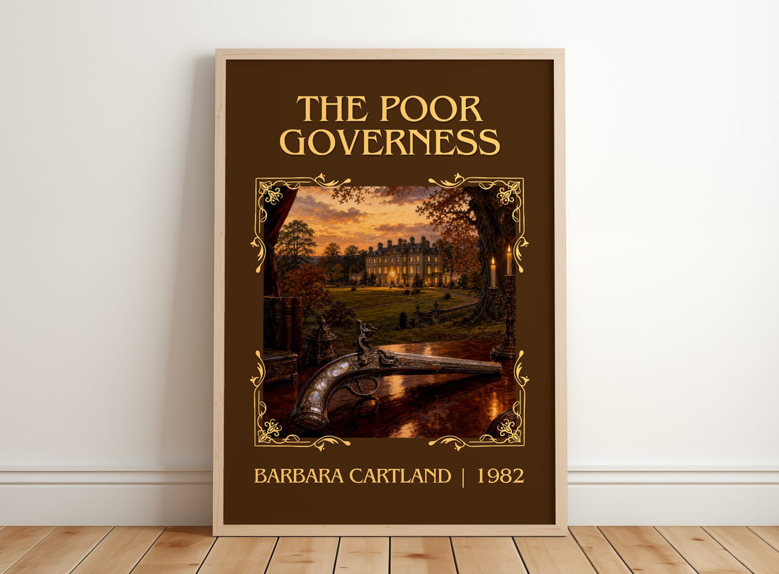 The Poor Governess Classic Book Art Print by Barbara Cartland – framed print leaning on a wooden floor