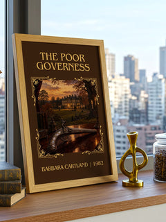 The Poor Governess Classic Book Art Print by Barbara Cartland – framed print on a city-view windowsill