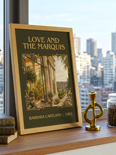 Love And The Marquis Classic Book Art Print by Barbara Cartland – framed print on a city-view windowsill
