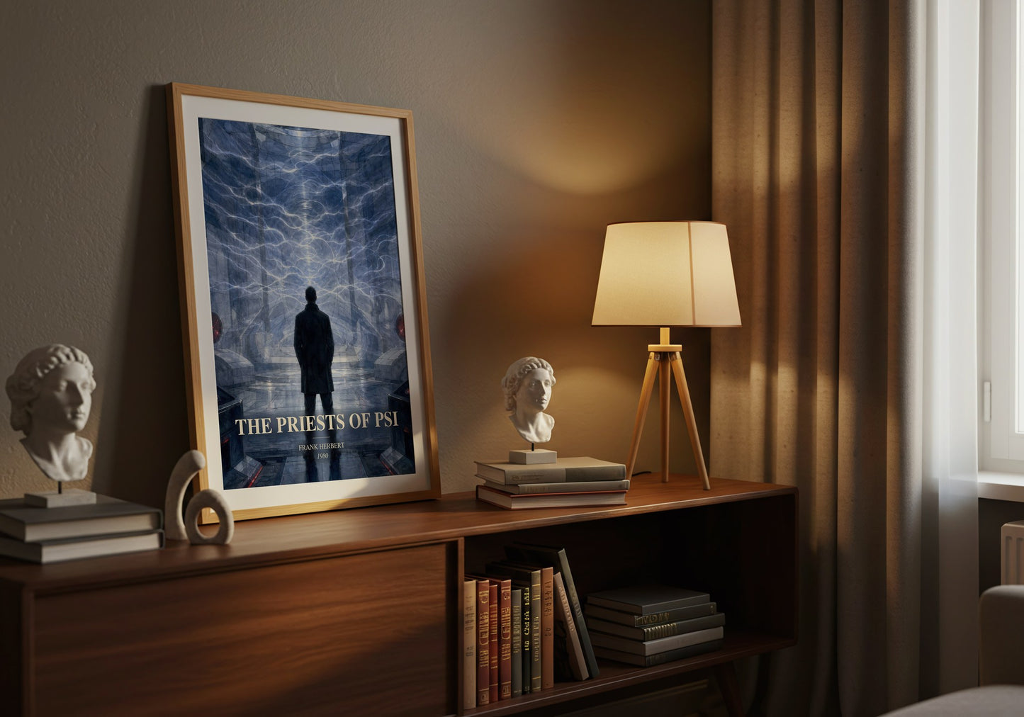 The Priests Of Psi watercolour print on bookshelf – Frank Herbert fan gift