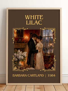 White Lilac Classic Book Art Print by Barbara Cartland – framed print leaning on a wooden floor