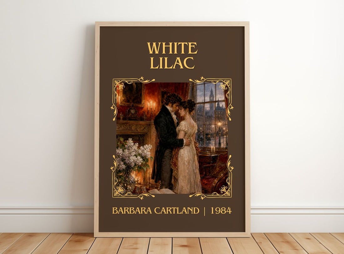 White Lilac Classic Book Art Print by Barbara Cartland – framed print leaning on a wooden floor