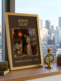 White Lilac Classic Book Art Print by Barbara Cartland – framed print on a city-view windowsill