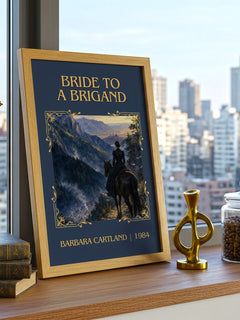 Bride To A Brigand Classic Book Art Print by Barbara Cartland – framed print on a city-view windowsill