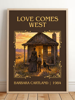 Love Comes West Classic Book Art Print by Barbara Cartland – framed print leaning on a wooden floor
