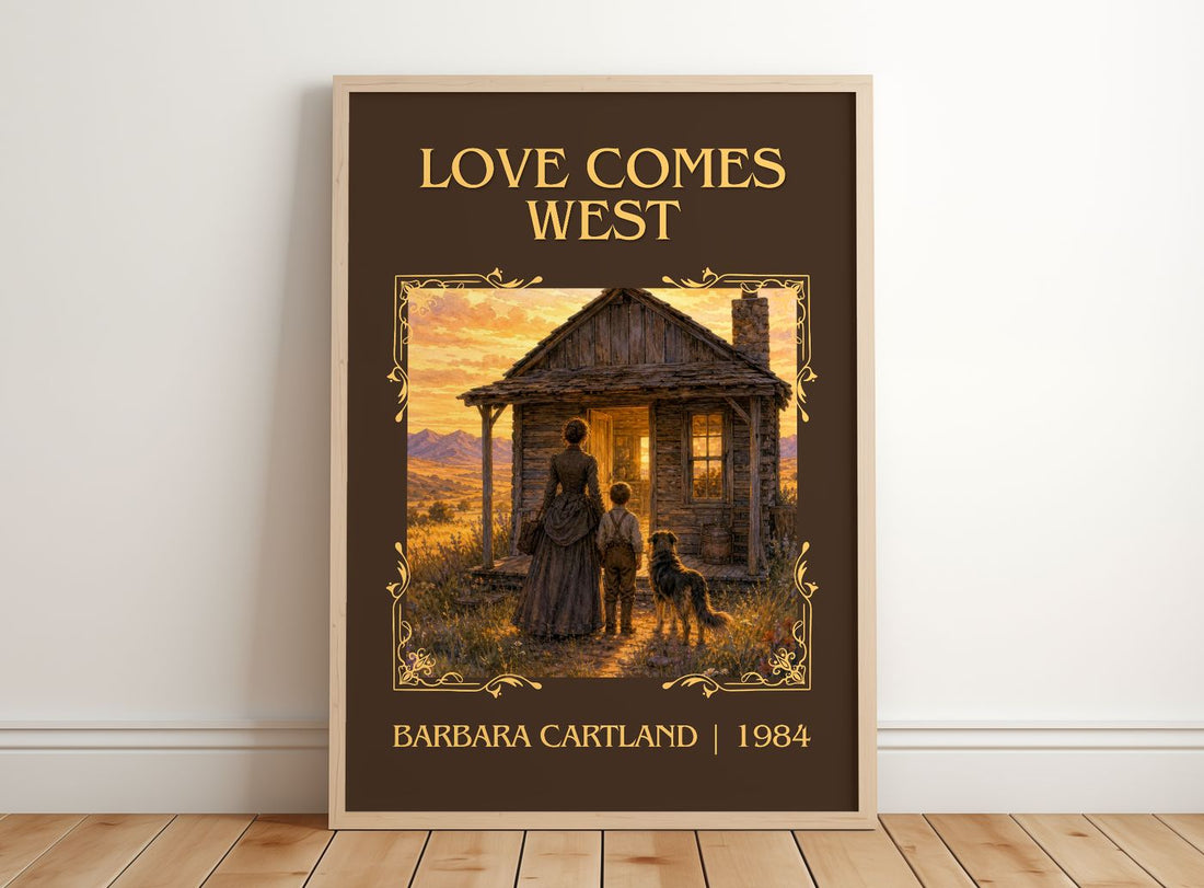 Love Comes West Classic Book Art Print by Barbara Cartland – framed print leaning on a wooden floor