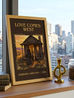 Love Comes West Classic Book Art Print by Barbara Cartland – framed print on a city-view windowsill