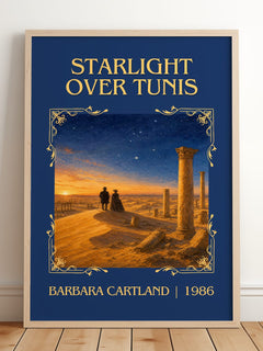 Starlight Over Tunis Classic Book Art Print by Barbara Cartland – framed print leaning on a wooden floor