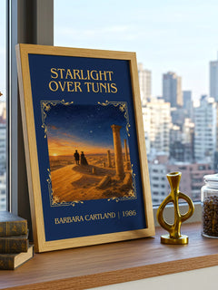 Starlight Over Tunis Classic Book Art Print by Barbara Cartland – framed print on a city-view windowsill