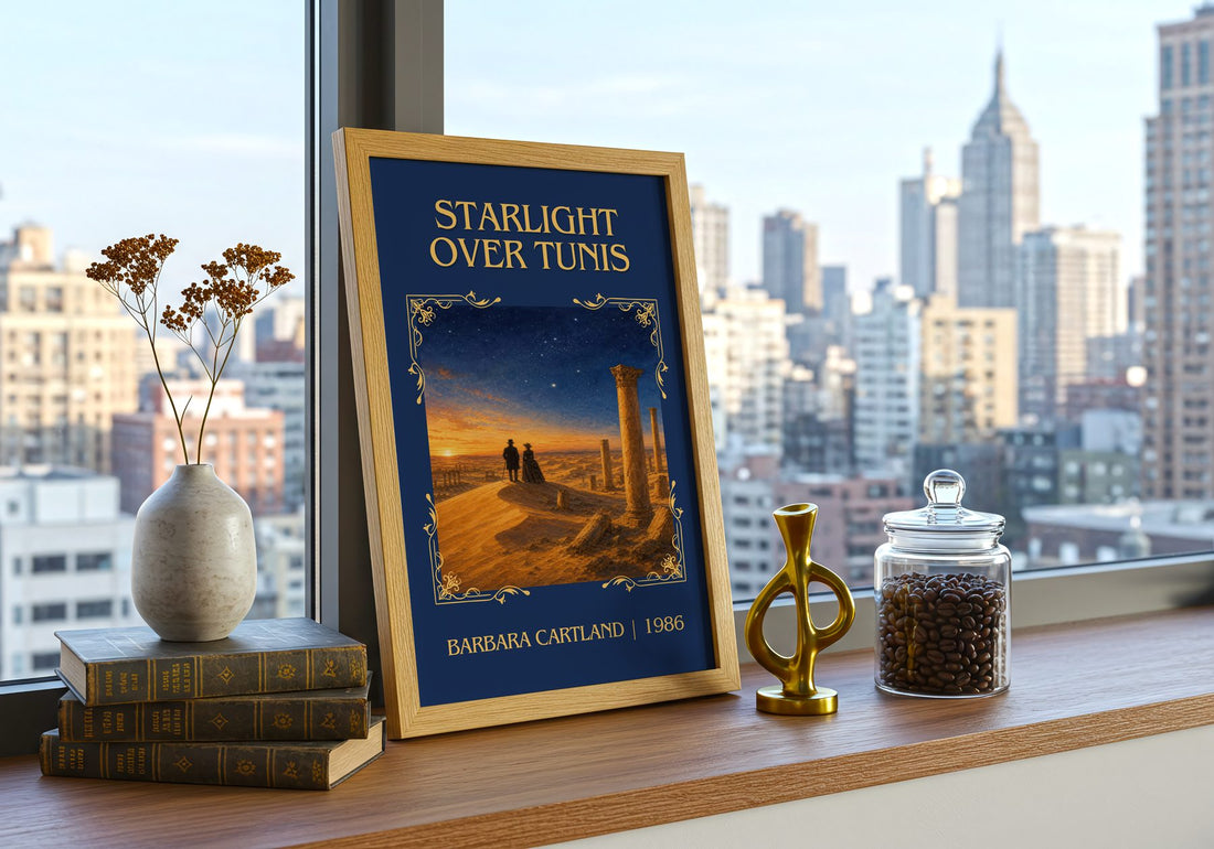 Starlight Over Tunis Classic Book Art Print by Barbara Cartland – framed print on a city-view windowsill