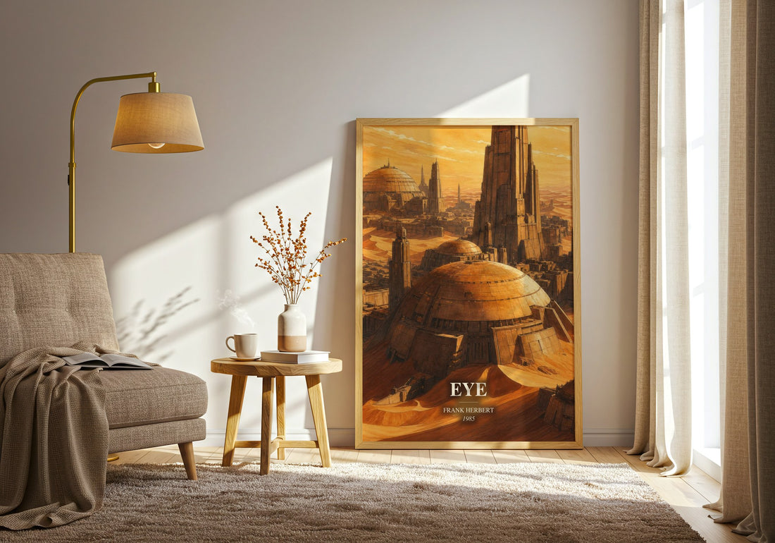 Eye watercolour print in frame leaning in hallway – sci fi wall art (mockup)