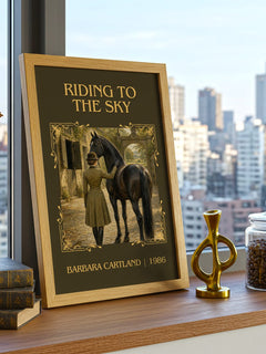 Riding To The Sky Classic Book Art Print by Barbara Cartland – framed print on a city-view windowsill