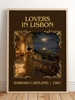 Lovers In Lisbon Classic Book Art Print by Barbara Cartland – framed print leaning on a wooden floor