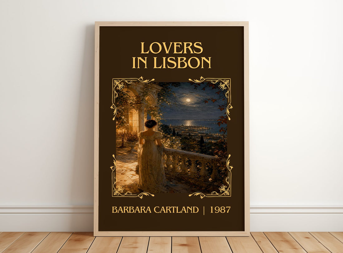 Lovers In Lisbon Classic Book Art Print by Barbara Cartland – framed print leaning on a wooden floor